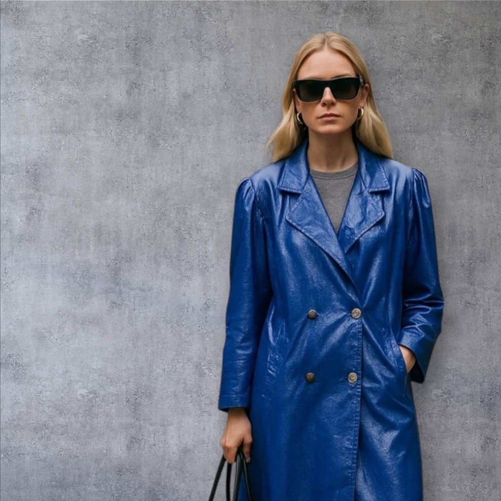 LG Vintage Longline Blue Trench Coat Notched Lapels Faux Leather 80s Glamour - Picture 10 of 16
